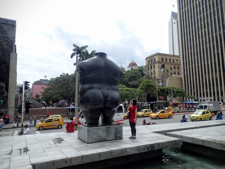 In some places you find works of art by famous local artists, like this giant  statue of a torso by Fernando Botero, who liked to create statues of overweight people and animals. See wikipedia page for more info: http://en.wikipedia.org/wiki/Fernando_Botero